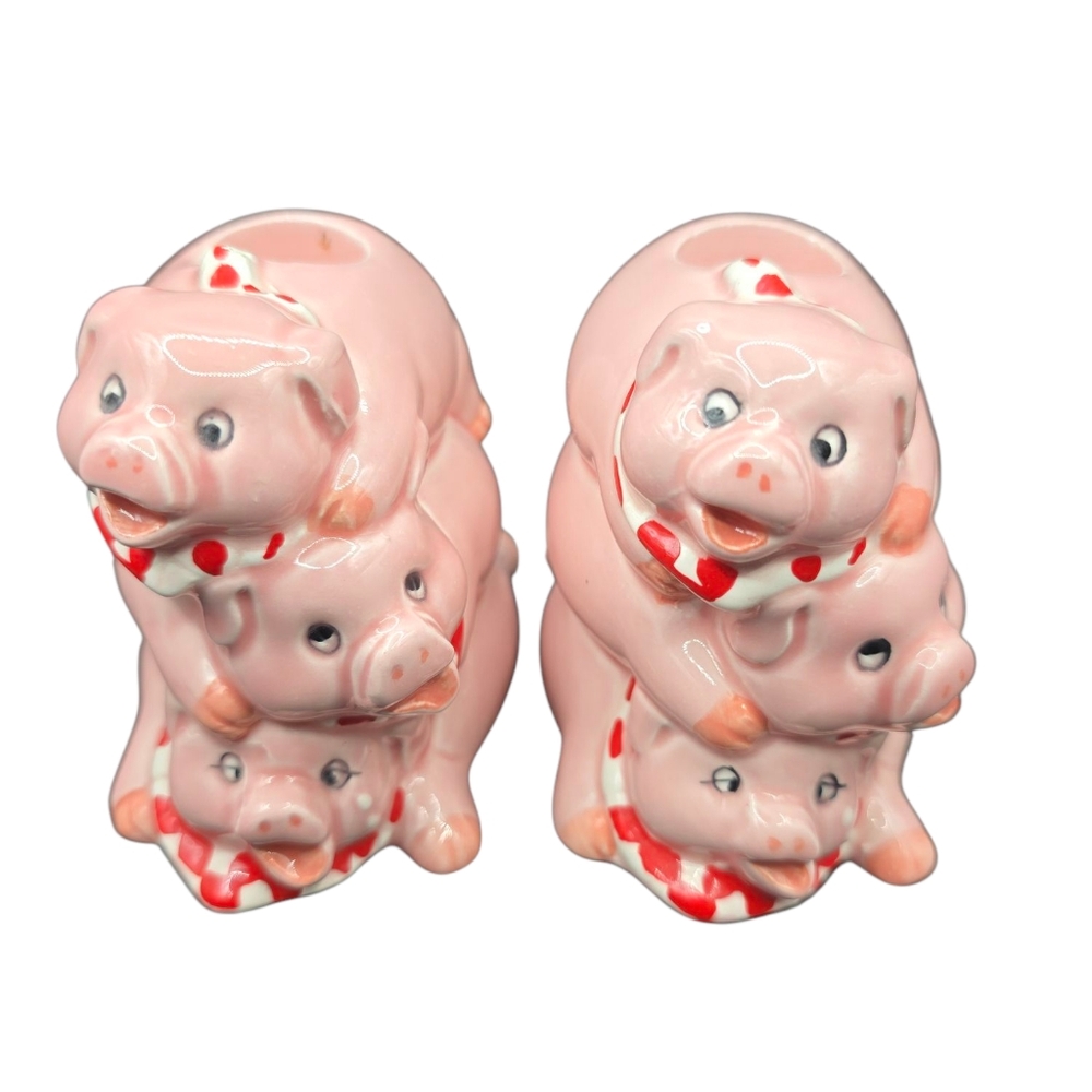 Vintage Set Of 2 Papel Stack of 3 Pink Stacking Pigs Taper Candlesticks Adorable